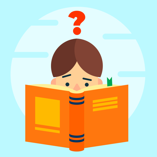 Illustration représentant un individu lisant un livre, un point d'interrogation au-dessus de sa tête